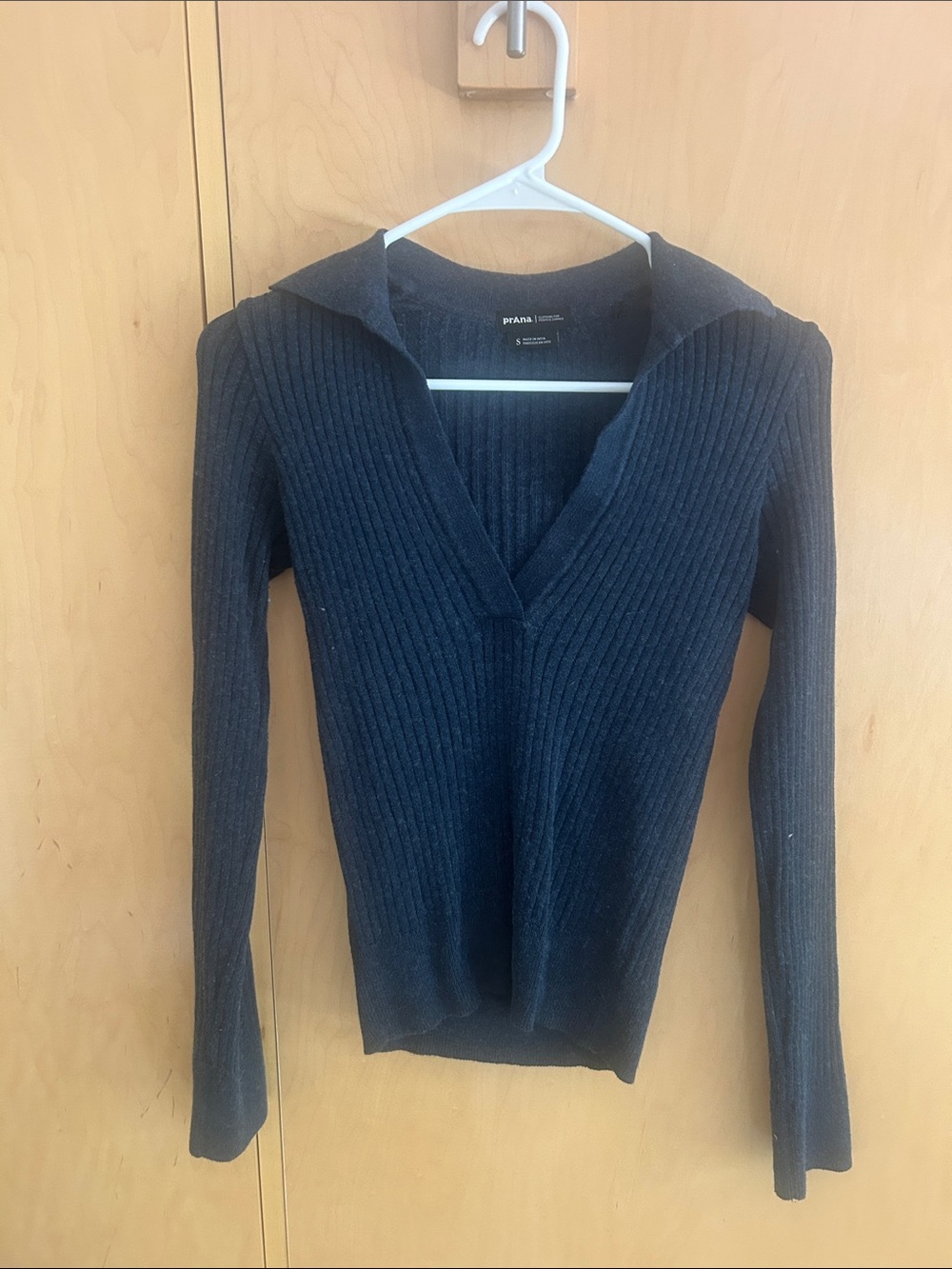 Prana Black Ribbed V-Neck Sweater with Folded Collar